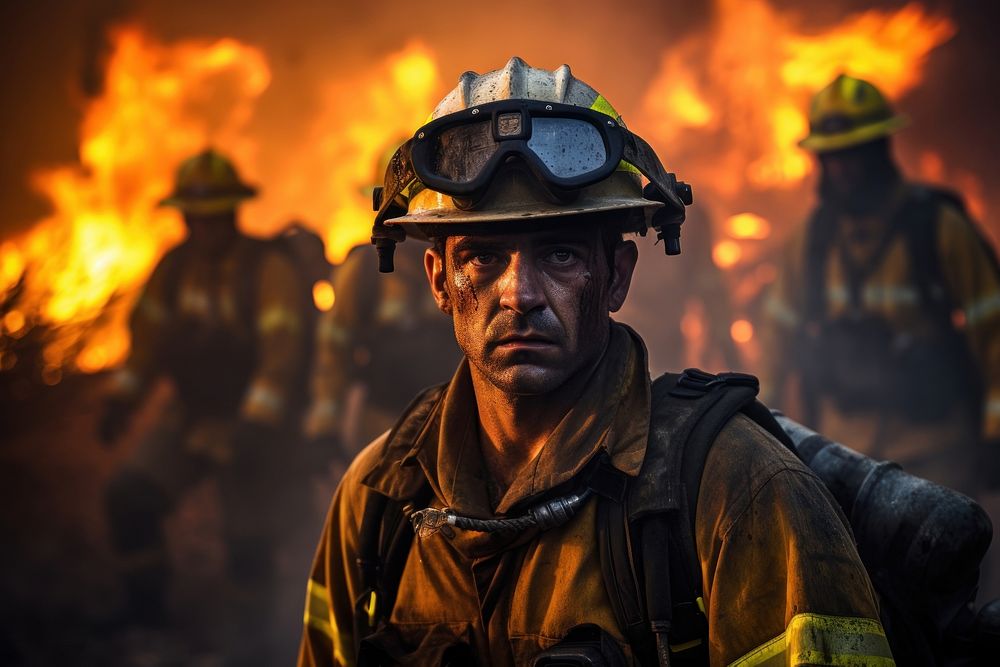 Firefighter battle wildfire helmet adult extinguishing.