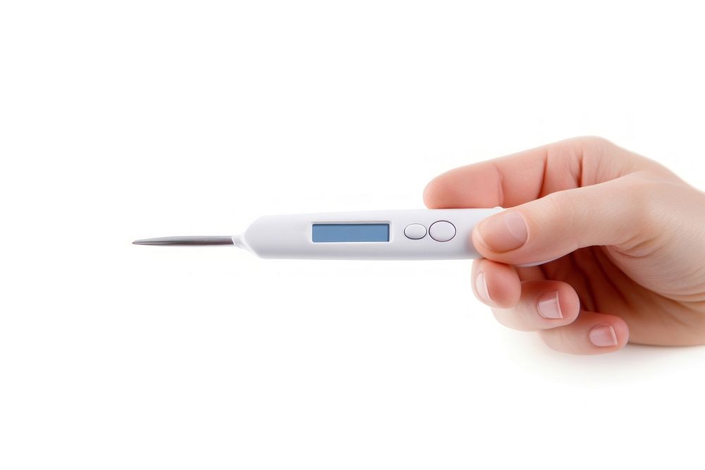 Digital thermometer hand white background technology.