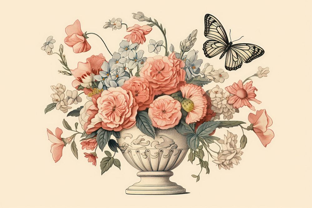 Illustration of butterfly and flowers in a vase art painting pattern.