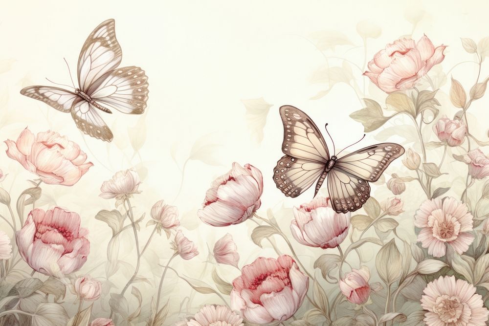 Illustration of flowers and butterfly painting pattern sketch.