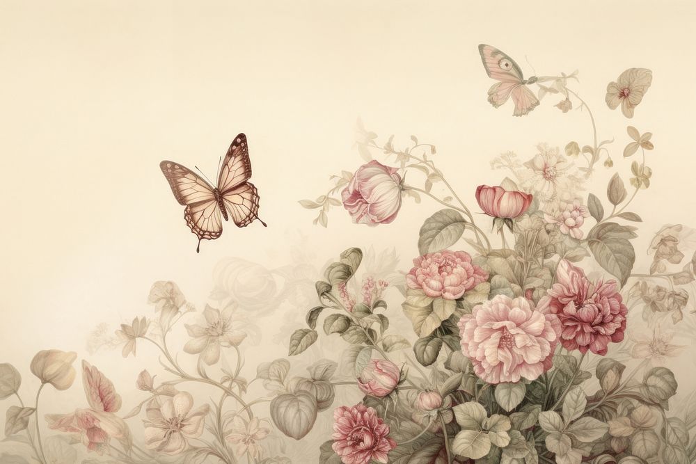 Illustration of flowers and butterfly painting pattern drawing.