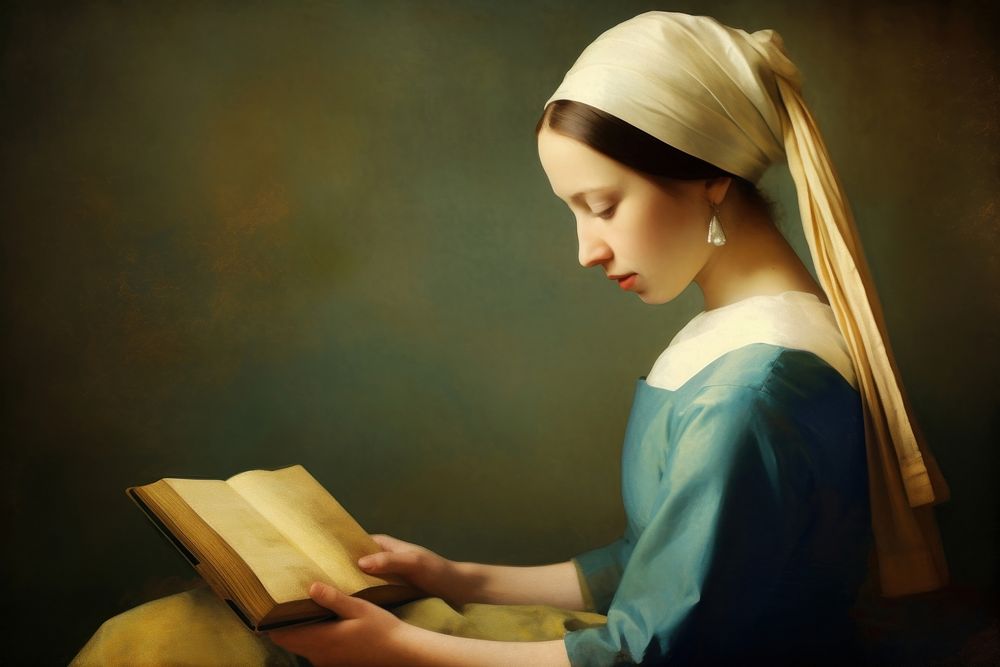Illustration of Johannes Vermeer woman reading book painting publication art.
