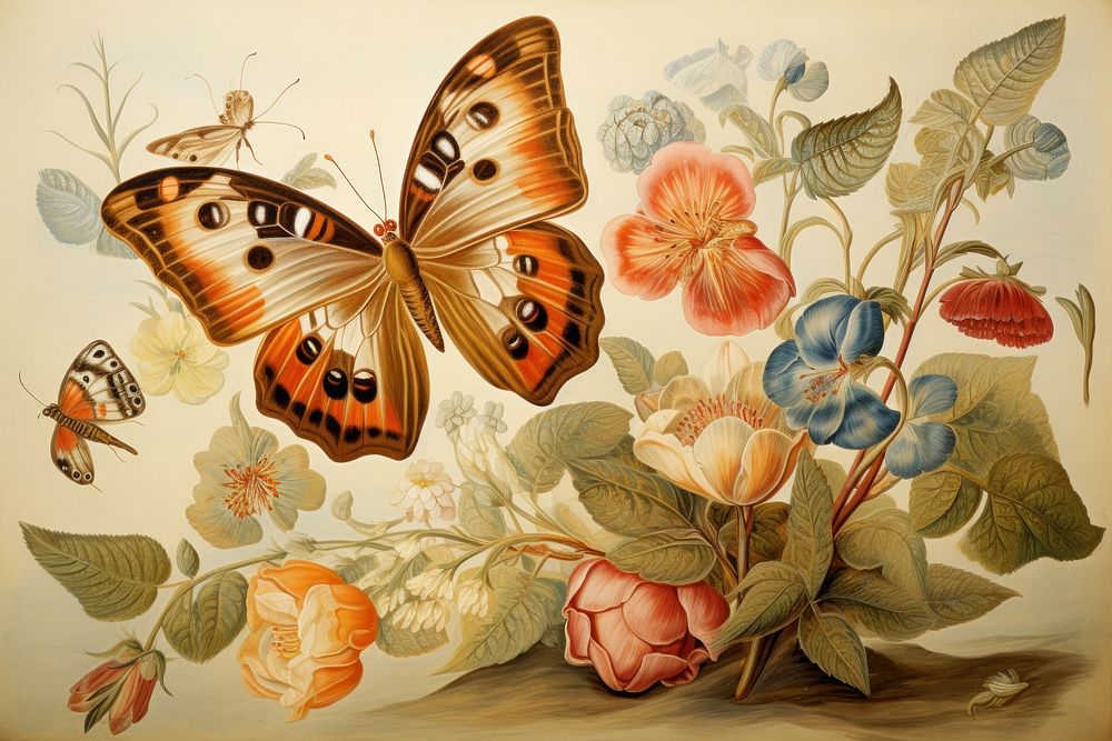 Illustration of Jan Van Kessel butterfly and flower painting art pattern.