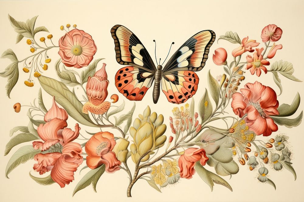 Illustration of Jan Van Kessel butterfly and flower art painting pattern.
