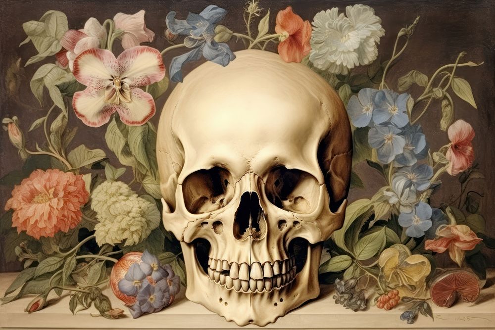 Illustration of Jan Van Kessel skull and flowers painting art plant.