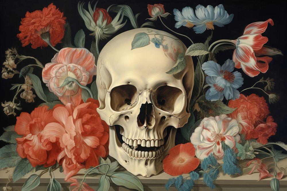 Illustration of Jan Van Kessel skull and flowers painting art pattern.