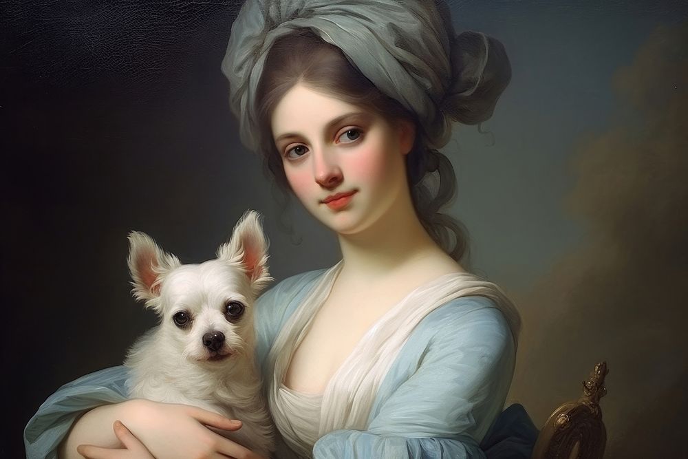 Illustration of Jean Auguste Dominique woman holding a dog art portrait painting.