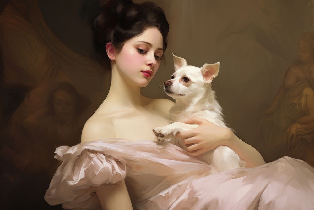 Illustration of Jean Auguste Dominique woman holding a dog painting portrait animal.