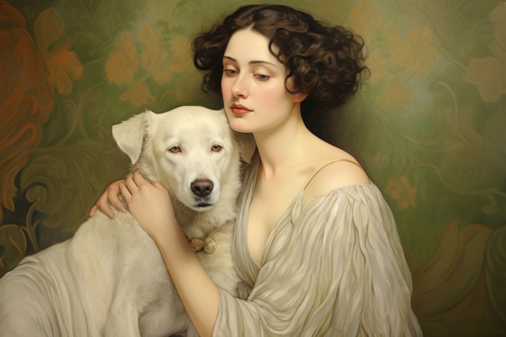 Illustration of Jean Auguste Dominique woman holding a dog painting art portrait.