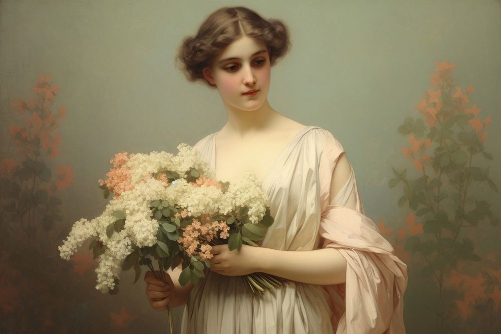 Illustration of Jean Auguste Dominique woman holding flowers painting art portrait.
