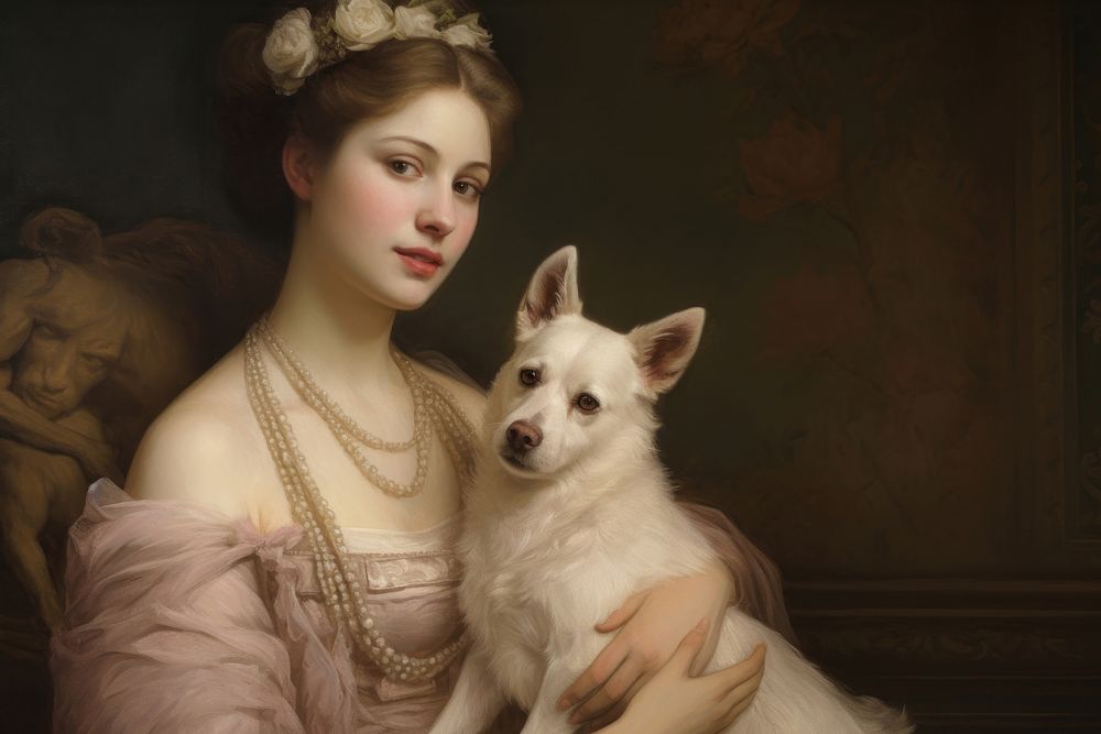 Illustration of Jean Auguste Dominique woman holding a dog portrait painting animal.