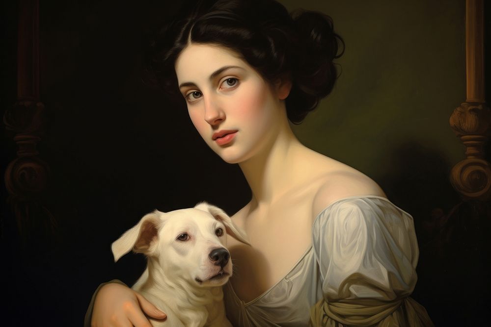 Illustration of Jean Auguste Dominique woman holding a dog portrait painting animal.