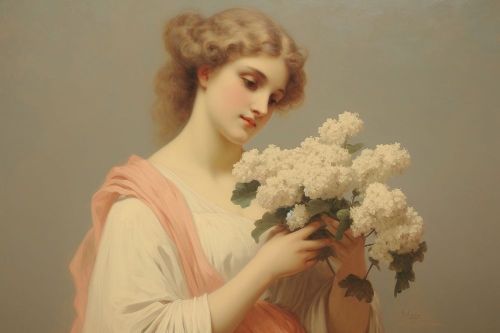 Illustration of Jean Auguste Dominique woman holding flowers painting art portrait.