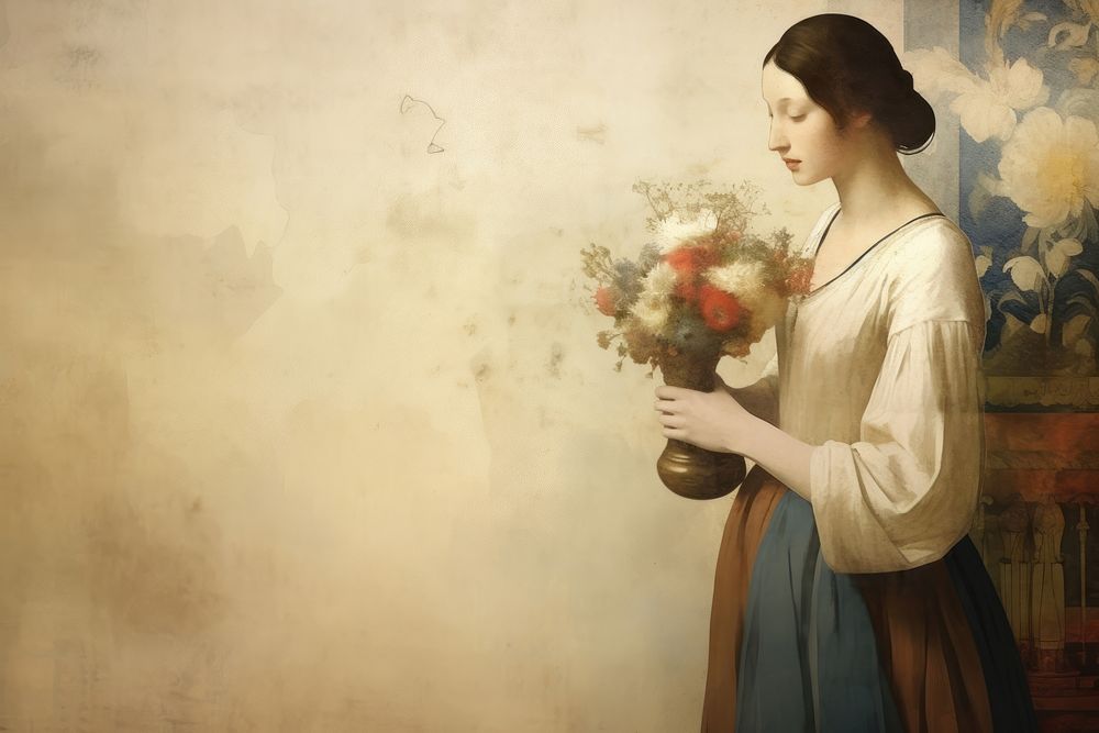 Johannes Vermeer woman holding a vase of flowers painting art portrait.
