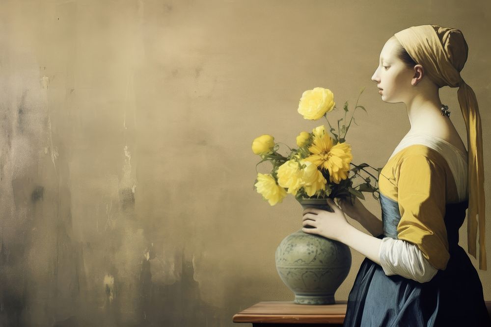 Johannes Vermeer woman holding a vase of flowers painting art plant.