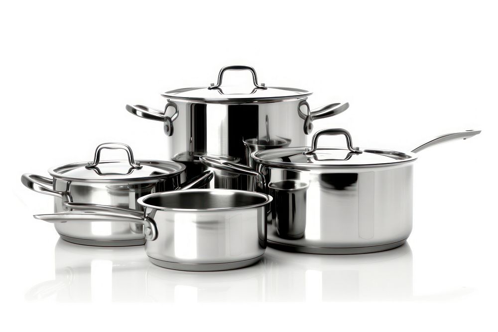 Pots pans steel white background. AI generated Image by rawpixel.