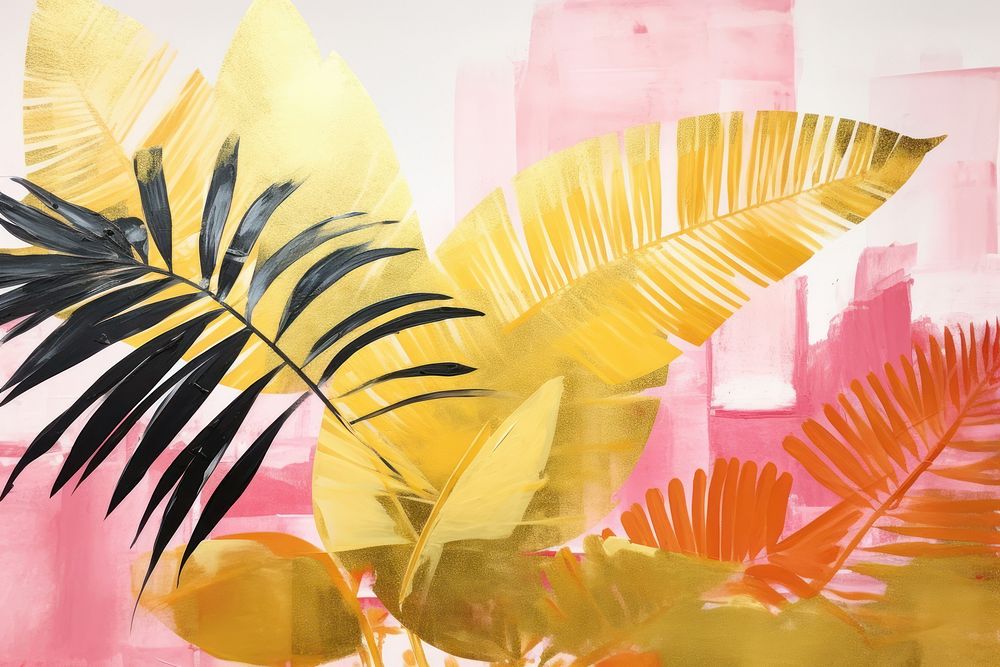 Abstract tropical plants gold ripped paper art painting tropics.