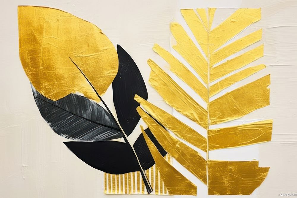 Abstract tropical plants gold ripped paper art painting leaf.