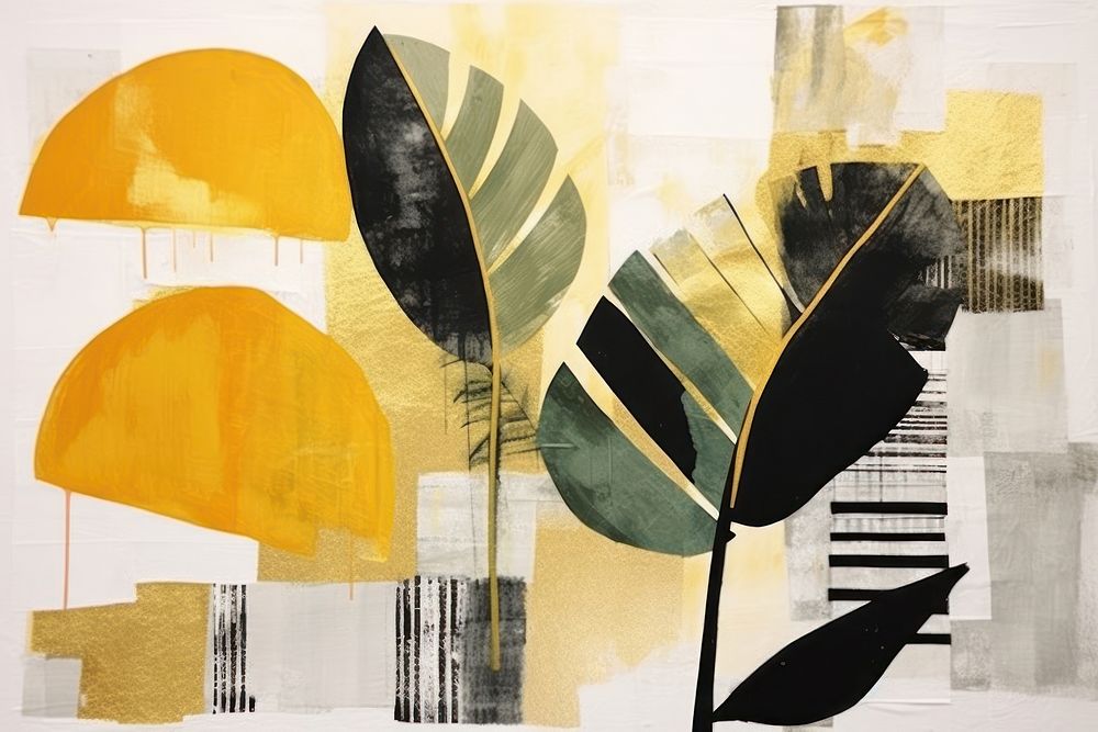 Abstract tropical plants gold ripped paper art painting collage.