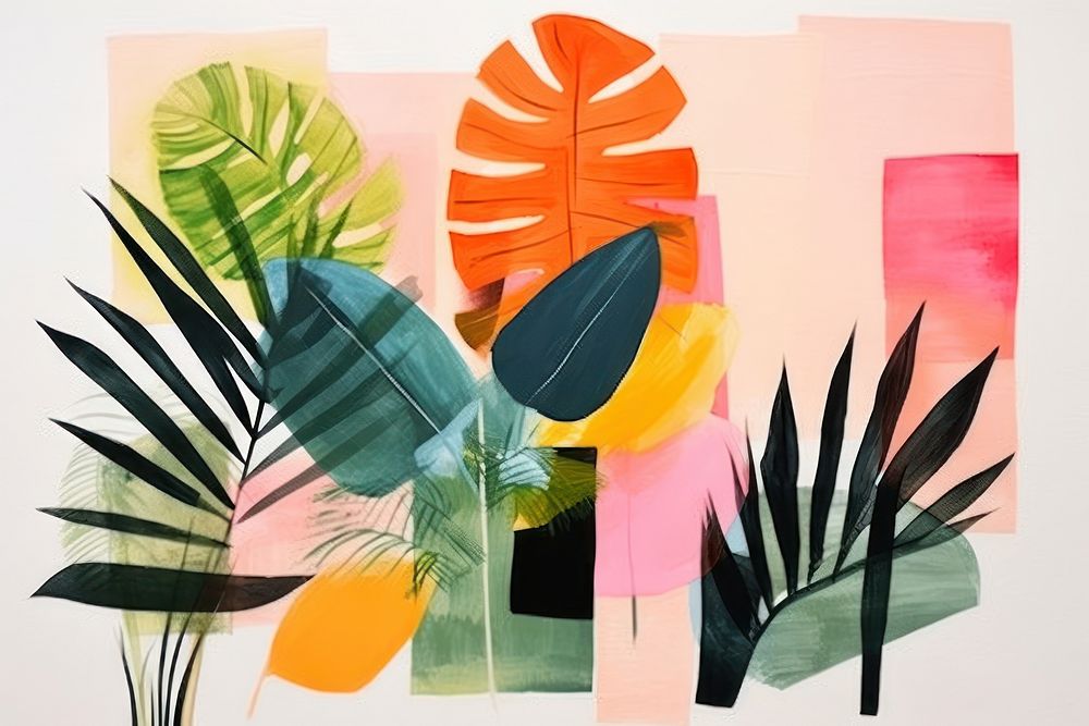 Abstract tropical plants ripped paper art painting tropics.