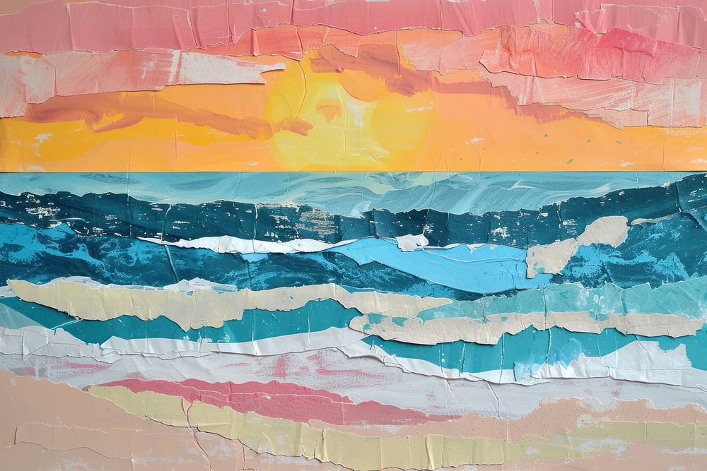 Abstract beach ripped paper art painting tranquility.