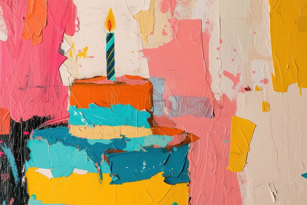 Abstract birthday cake ripped paper art painting anniversary.