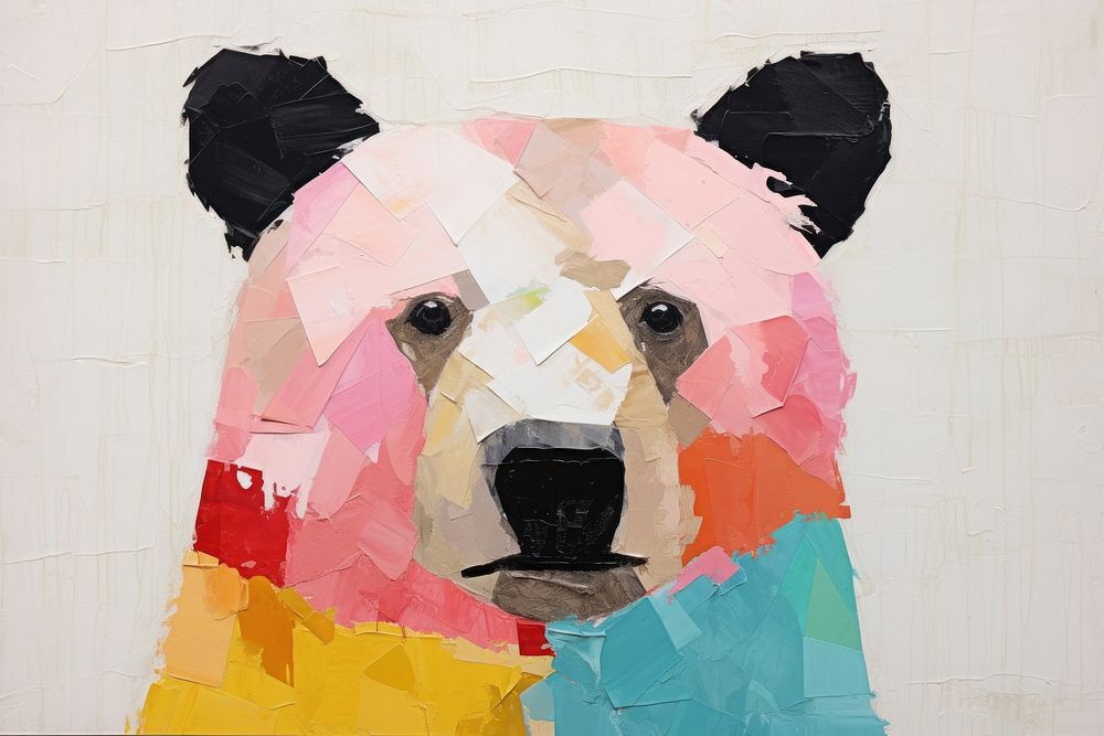 Abstract cute bear ripped paper collage art painting mammal.