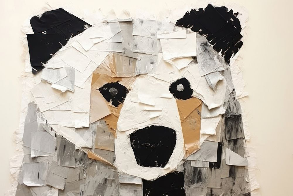 Abstract cute bear ripped paper collage art representation accessories.