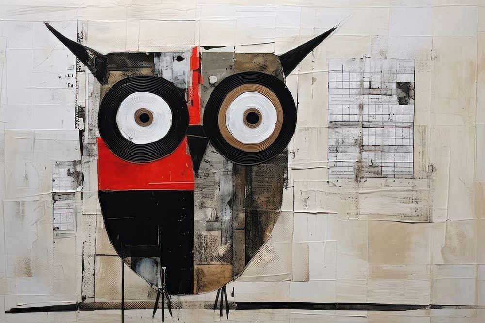 Abstract owl on book ripped paper art painting wall.