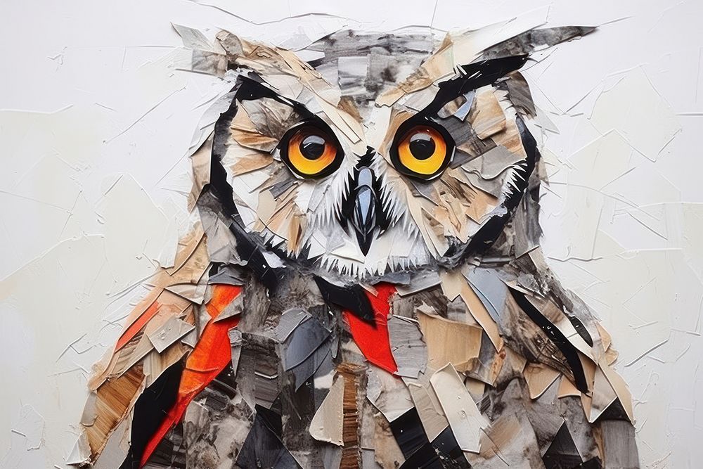 Abstract owl ripped paper art drawing sketch.