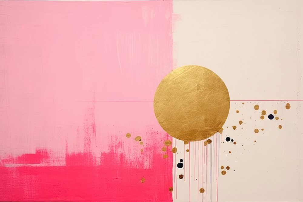 Abstract pink dot gold ripped paper art painting wall.