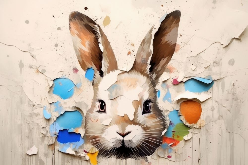 Abstract rabbit with easter eggs ripped paper animal mammal art.