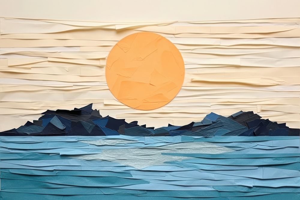 Abstract sea landscape ripped paper art outdoors painting.