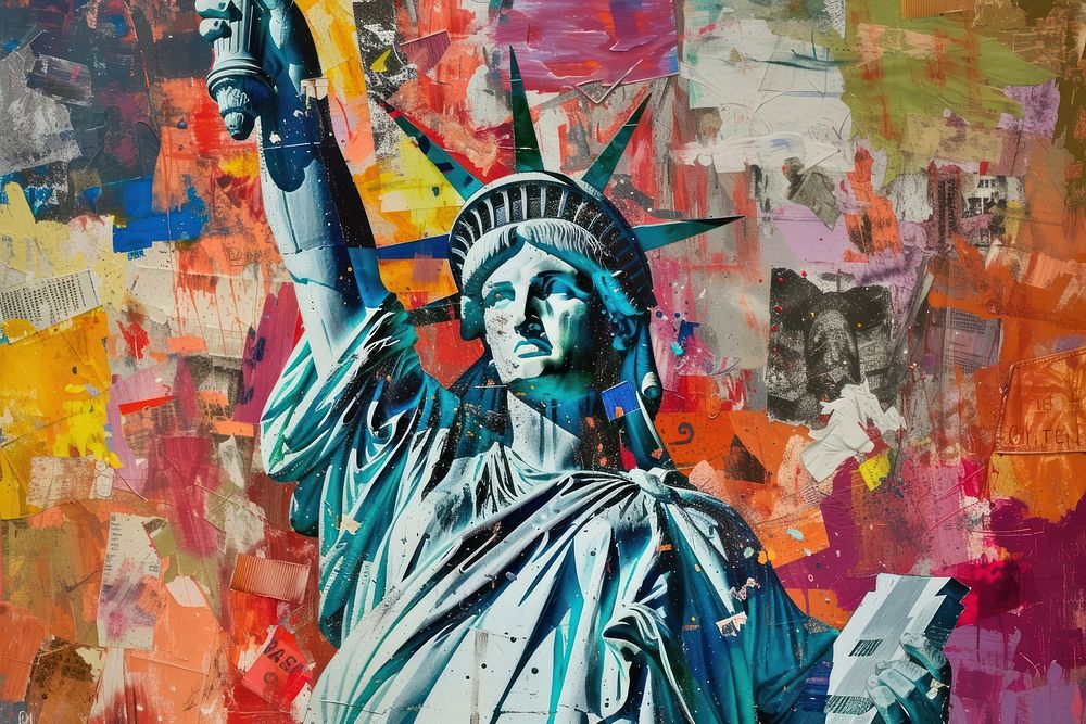 Abstract statue of liberty ripped paper art painting representation.