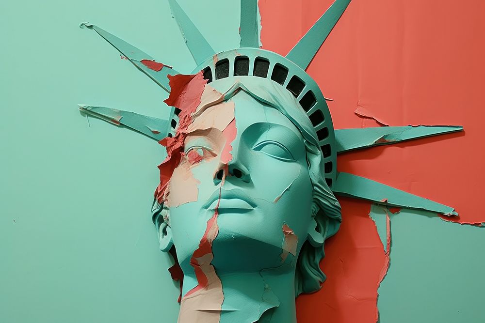 Abstract statue of liberty ripped paper art sculpture representation.