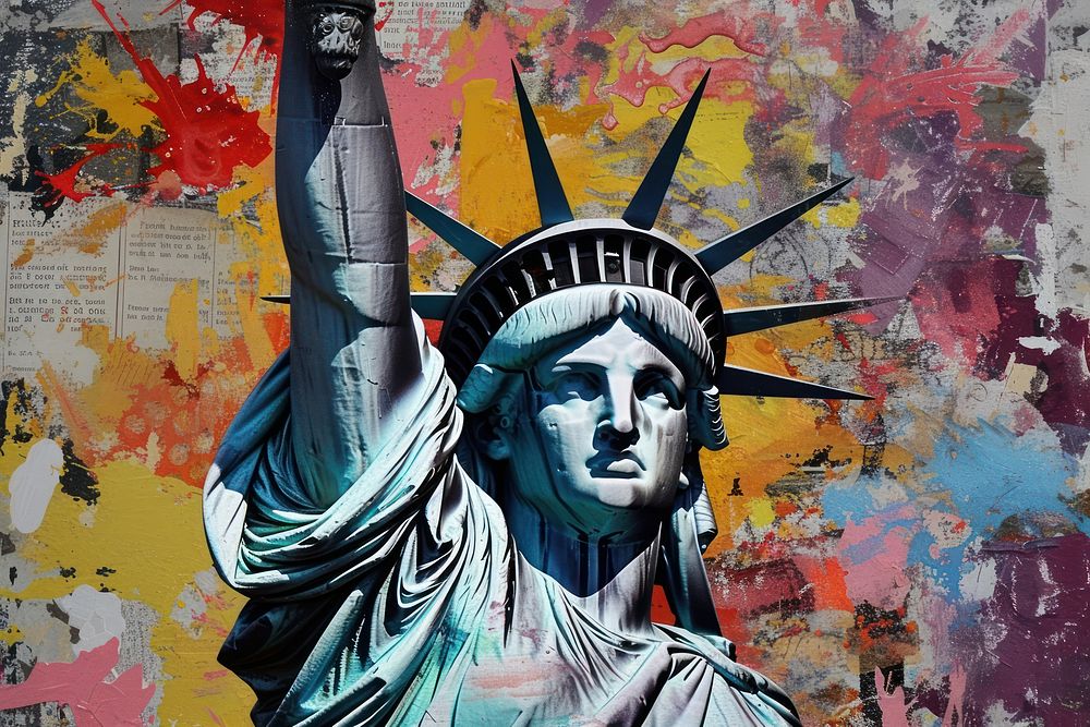 Abstract statue of liberty ripped paper art painting representation.