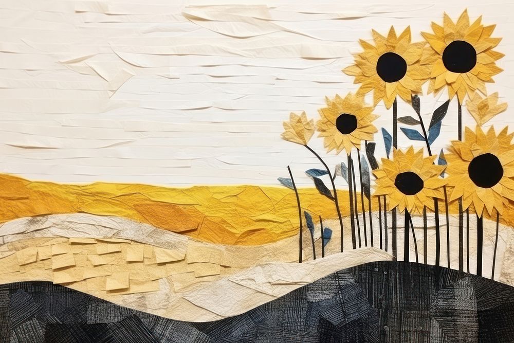 Sunflower landscape ripped paper art painting plant.