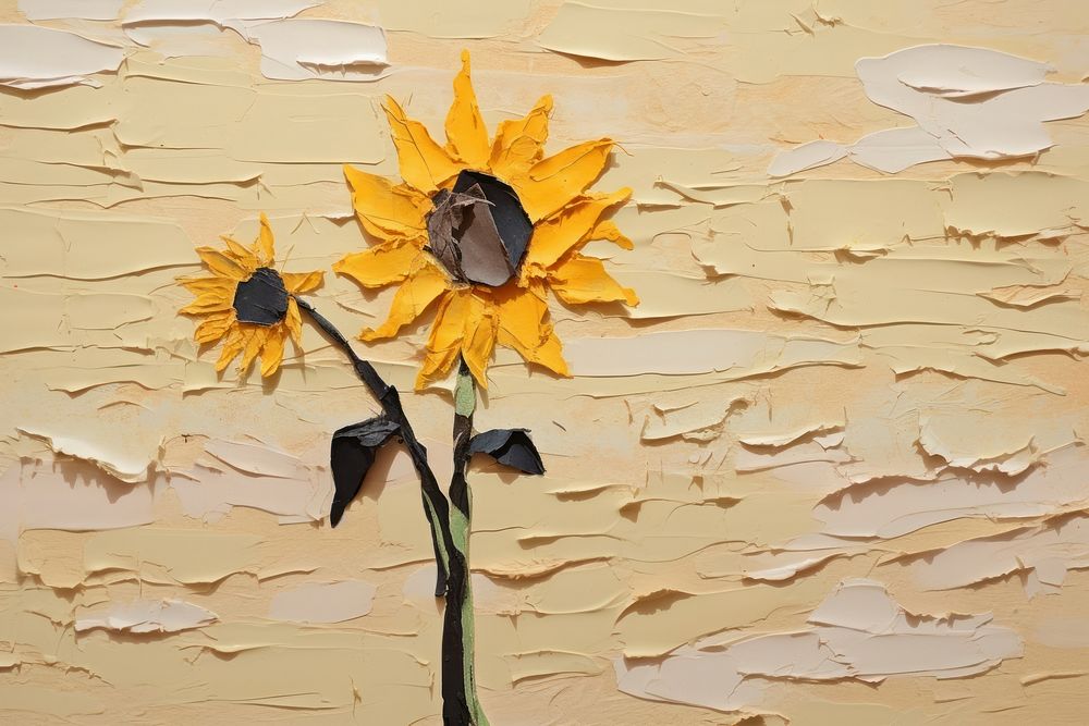 Sunflower landscape ripped paper plant wall art.