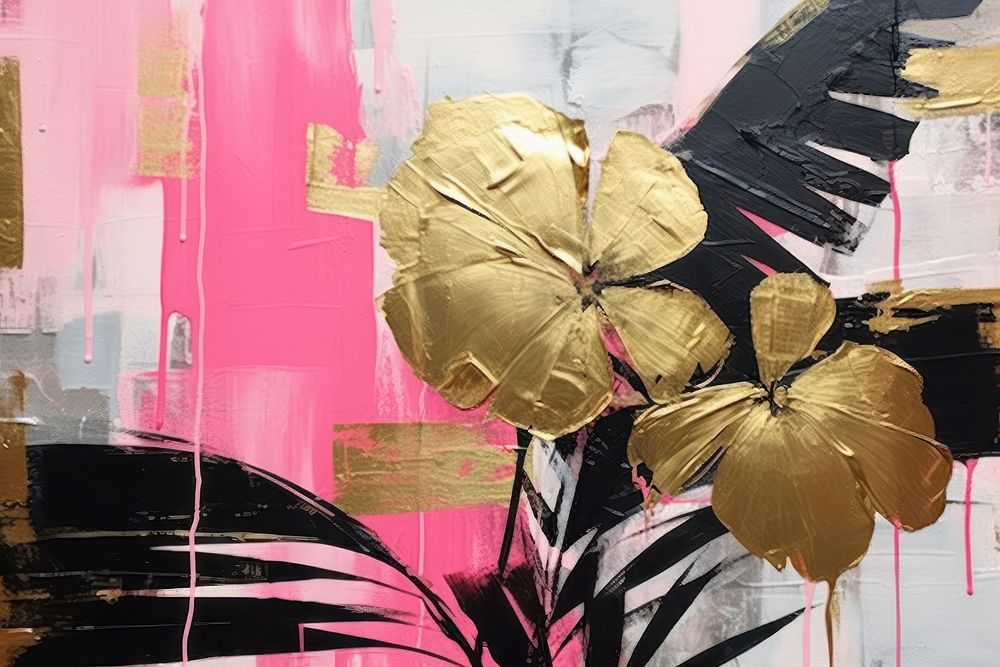 Abstract tropical flowers gold ripped paper art painting pink.