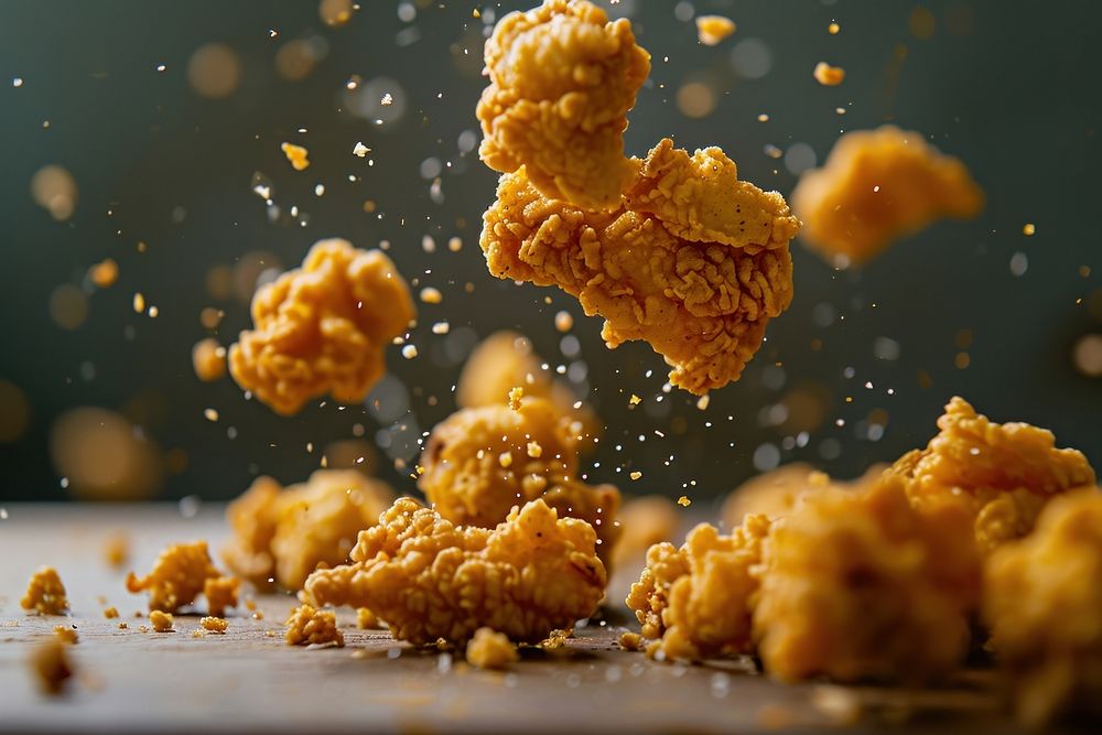 Fried popcorn chicken falling in the air fried food croquette. AI generated Image by rawpixel.