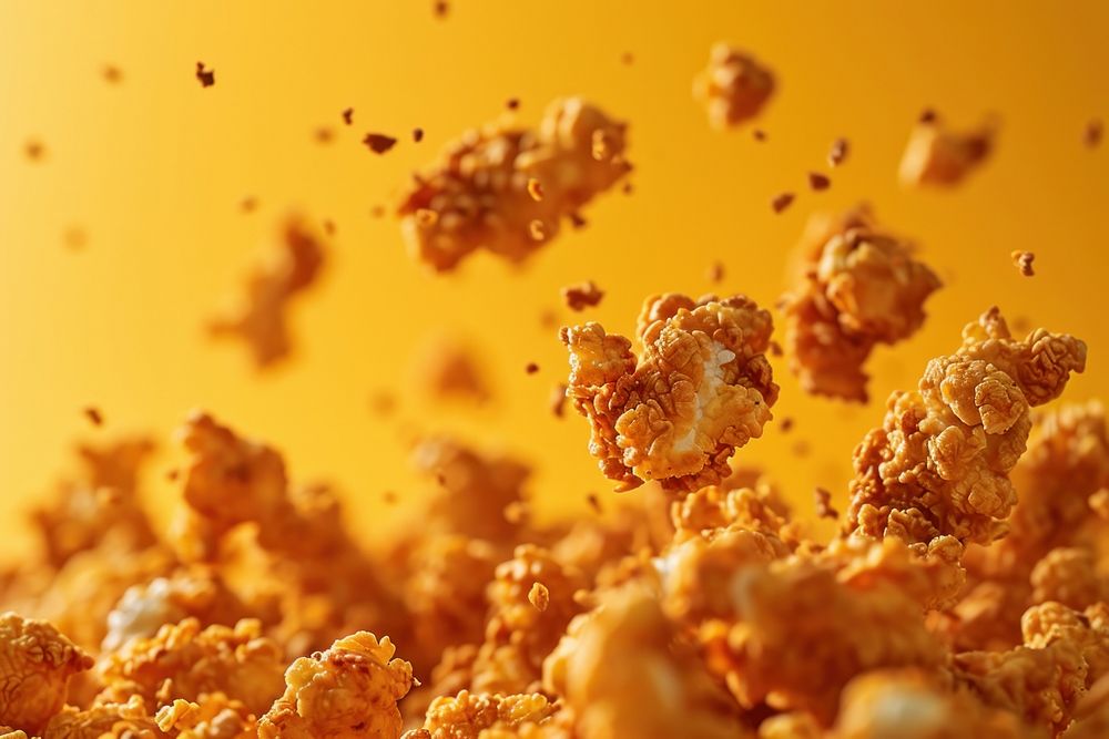 Fried popcorn chicken falling in the air food freshness yellow. AI generated Image by rawpixel.
