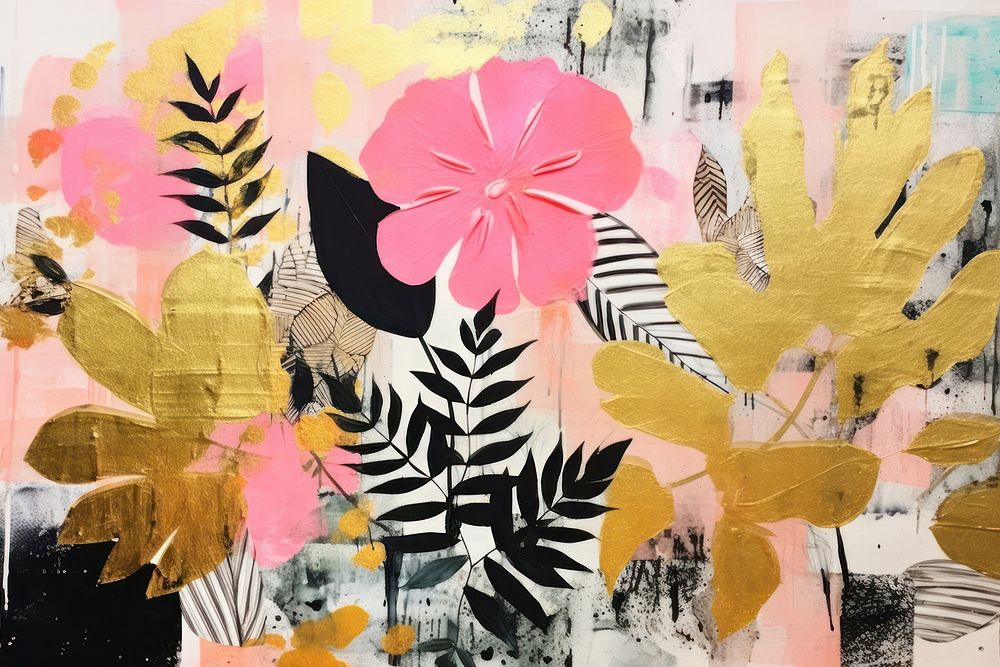 Abstract tropical flowers gold ripped paper collage art painting.