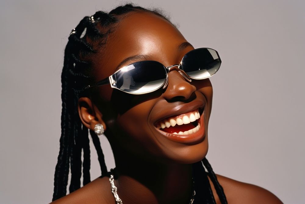 Black young woman smiling wearing a white sunglasses smile fashion adult.