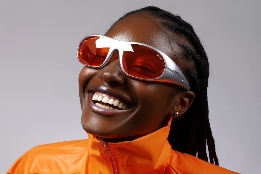 Black young woman smiling wearing a white sunglasses exposing her eyes smile portrait fashion.