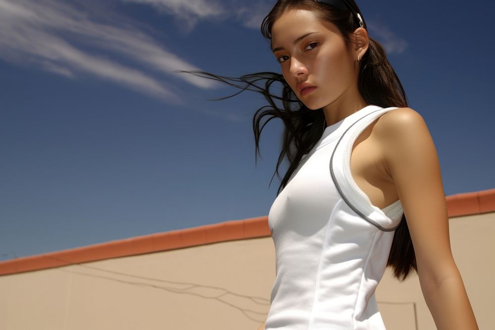 Mexican young girl playing sports fashion white photo.