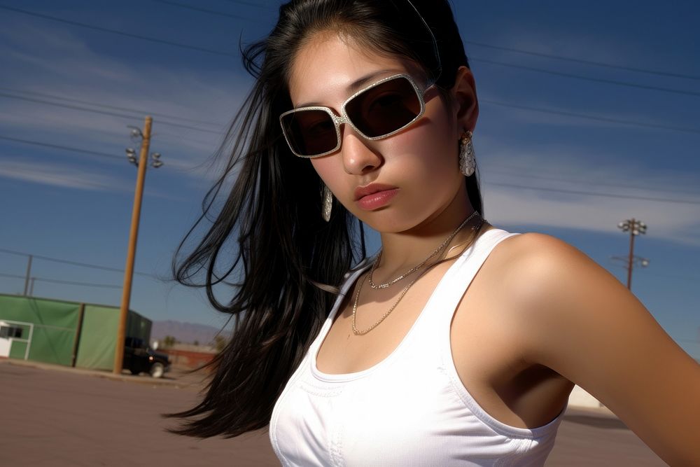 Mexican young girl playing sports sunglasses necklace fashion.