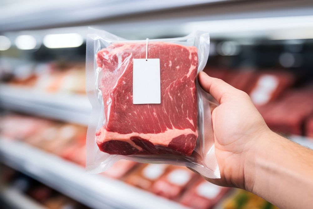 Hand holding beef plastic package with blank label  packaging market meat food.