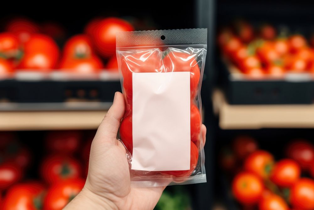 Hand holding tomato plastic package with blank label  packaging vegetable food refrigerator.