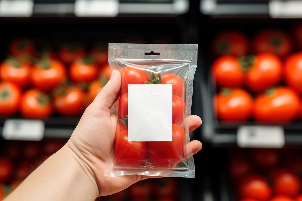 Hand holding tomato plastic package with blank label  packaging vegetable market plant.