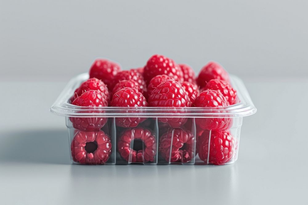 Raspberry in plastic box with cover and blank label food package fruit plant salmonberry.